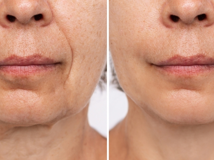 Comparação do rosto antes e depois da aplicação de botox facial, mostrando redução de rugas na Avenida Paulista